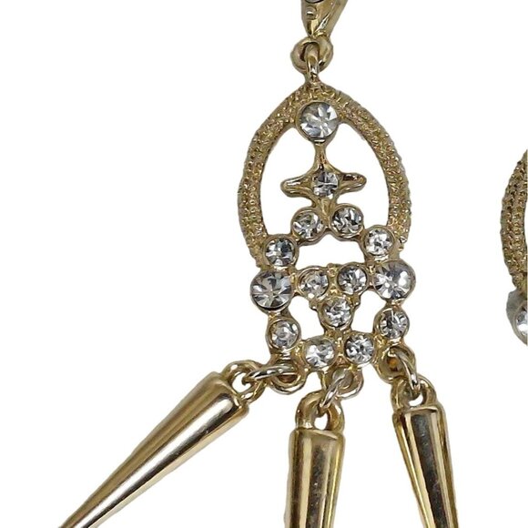 Dangle Earrings Gold Tone Metal Rhinestones Spiky Drop Chandelier Style 3.5" L - Picture 4 of 8